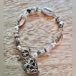 Believe, Courage, Strength Silver Plated Heart Charm Bracelet 7.9 In w/ Box